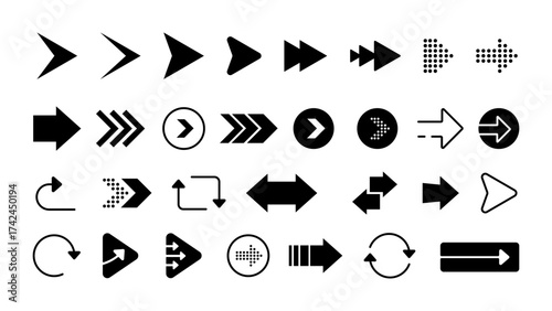 Arrow icon set. Collection of black arrow symbols in various styles — solid, outline, circular, and dotted. Vector illustration for direction, navigation, user interface, and infographic design.
