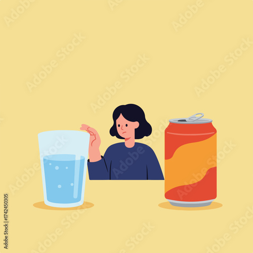 Woman hesitates between water and sugary drink