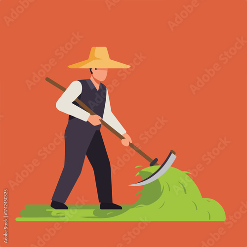 A person in a straw hat uses a scythe to harvest grass