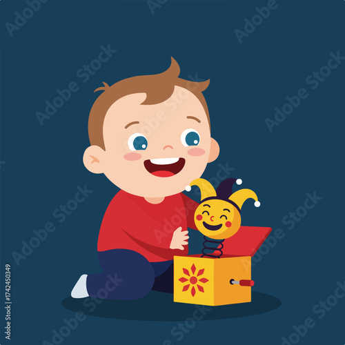 Joyful child playing with a classic jack-in-the-box toy