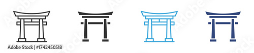 asian gate or shrine icon set in outline and flat style, vector illustration ,