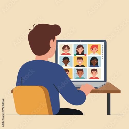 Person at desk viewing multiple video calls on laptop screen with diverse faces