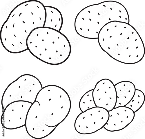 Set of Simple outline drawing of three potatoes on a white background