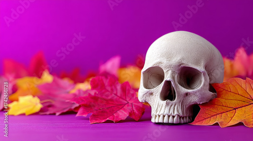 White skull is on a purple background with orange and red leaves