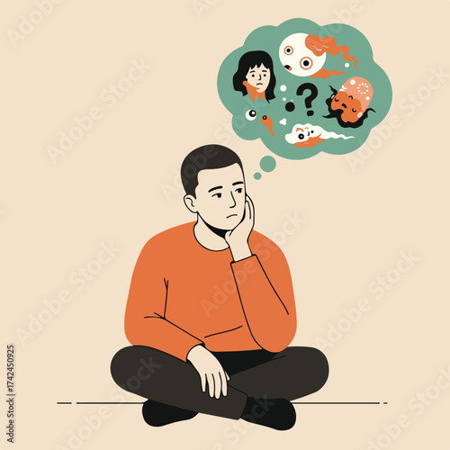 Person sitting cross-legged, lost in thought, contemplating abstract shapes