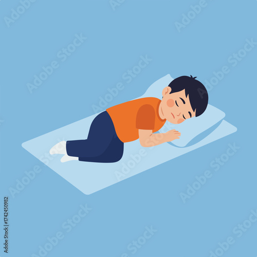 A young boy is sleeping peacefully on a pillow, dressed in casual clothing