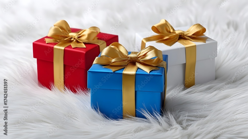 Fototapeta premium Three elegantly wrapped gift boxes in red, blue, and white, adorned with shimmering golden ribbons and bows, resting on a soft, fluffy white surface.