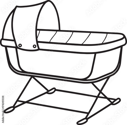 Simple line drawing of a vintage bassinet or moses basket