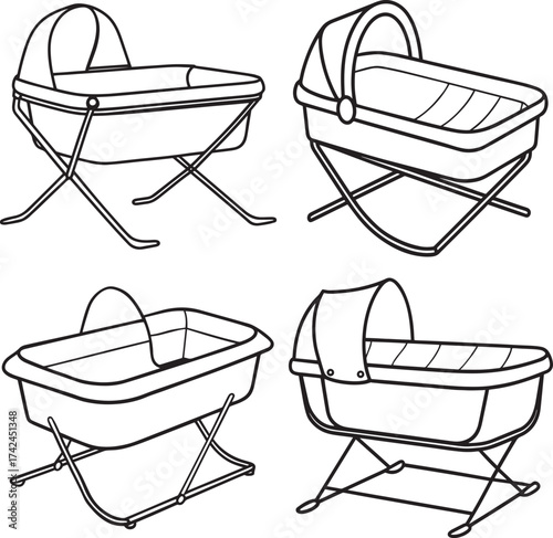 Set of Simple line drawing of a vintage bassinet or moses basket
