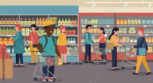 A diverse group of people shopping with carts and baskets in a busy supermarket aisle.
