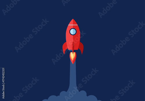 Flat design illustration of a vibrant red rocket launching upwards into a deep blue sky, emitting a fiery exhaust plume.