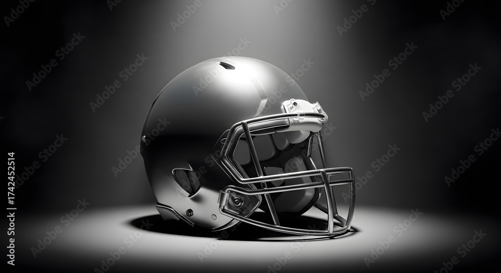 Naklejka premium Closeup of a metallic silver american football helmet on a dark, dramatic background