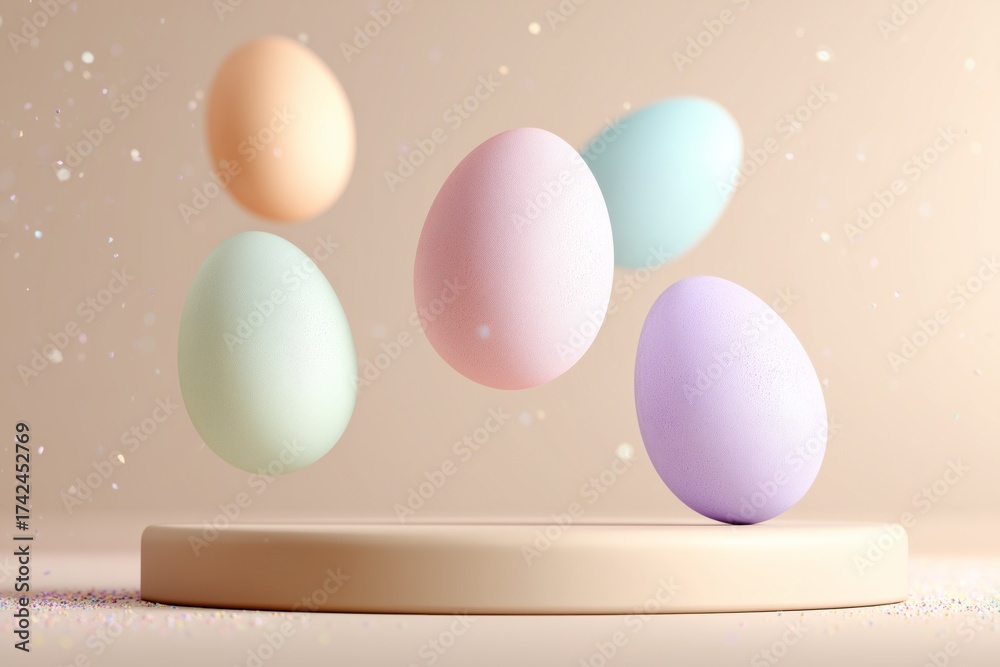 Fototapeta premium Colorful pastel eggs levitating above a smooth surface in a softly lit, minimalist setting during a festive spring celebration