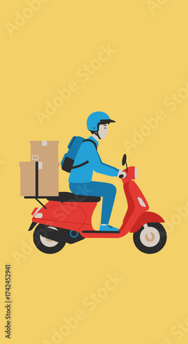 A delivery person on a red scooter transporting packages against a yellow background.