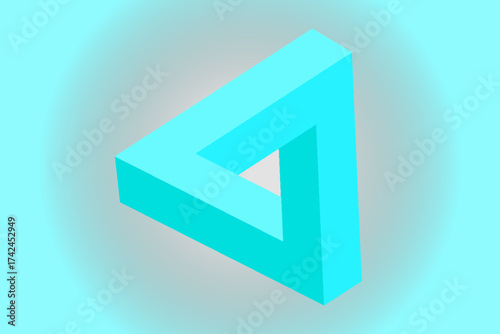 Isometric impossible Penrose triangle on turquoise blue. Confusion, impossibility, imagination and unity of opposites. Flat design. Vector illustration
