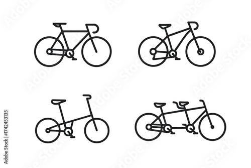Outline icons of different bicycle types: road, mountain, folding, tandem