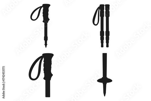 Silhouette of trekking poles with adjustable straps and handles against white background
