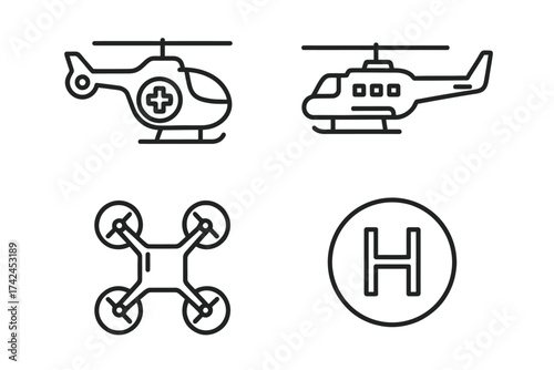 Line art of helicopters, drone, and helipad symbols