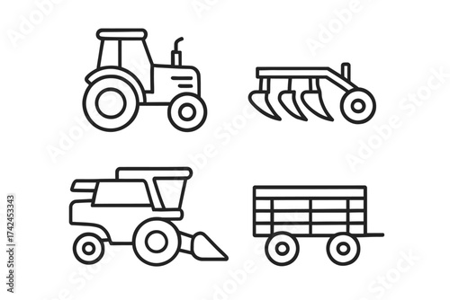 Set of linear farming equipment icons: tractor, plow, combine, trailer