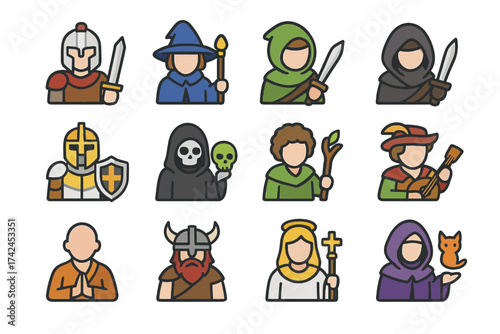 Cartoon fantasy characters set: warriors, wizards, archers, and healers