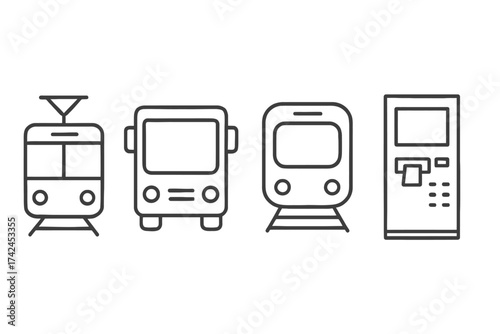 Outline icons of tram, bus, train, and ticket machine in minimalist style