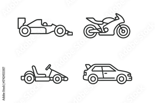 Outline illustrations of race car, motorcycle, go-kart, sports car