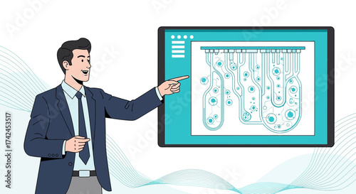 Animated businessman presenting a complex graphical layout on a digital tablet screen