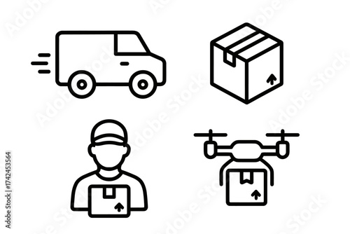 Delivery services: van, package, drone, male courier icon set
