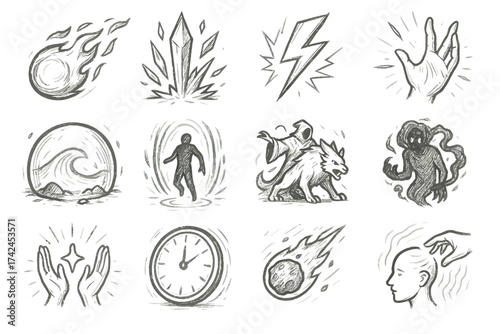 Hand-drawn magic elements: fire, water, lightning, teleportation, and more