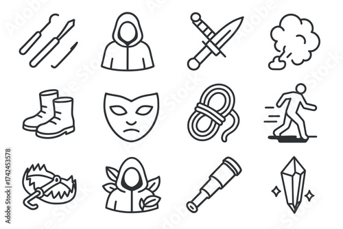 Stealth and survival icons: masks, weapons, ropes, and tools in line art