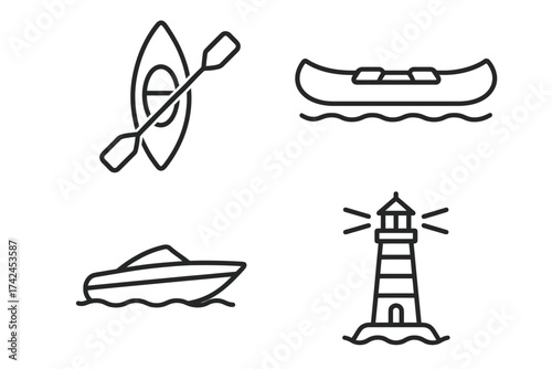 Set of nautical icons featuring kayak, canoe, motorboat, and lighthouse