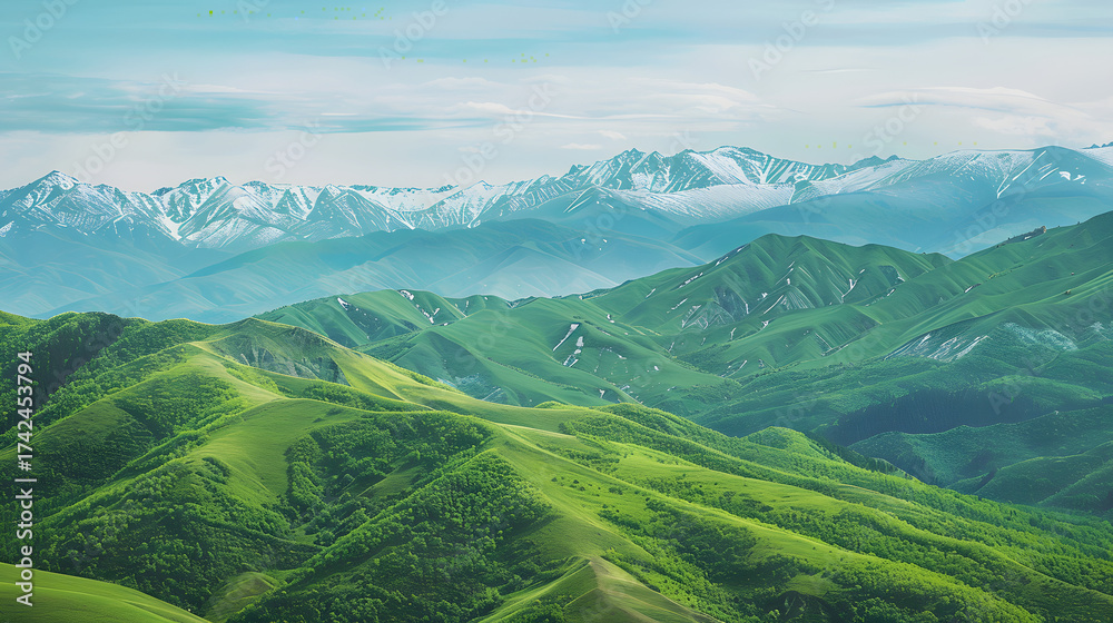 Obraz premium GreenHillsSnowCappedMountains