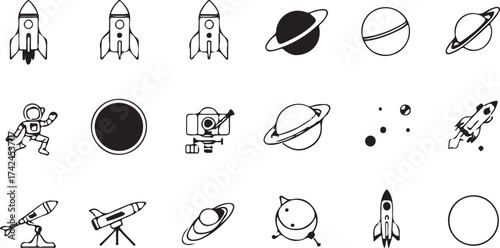 Artline Silhouette Space Exploration Icons: Mono Line Vector Set of Astronomy, Planets, and Spacecraft Symbols