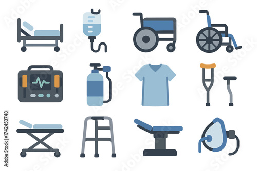 Medical equipment icons: hospital bed, iv, wheelchair, crutches, walker, mask