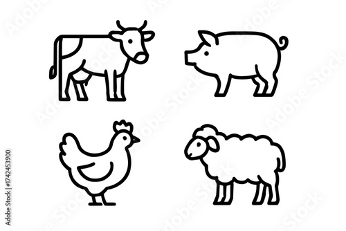 Minimalist animal icons: cow, pig, chicken, and sheep outlines in black and white