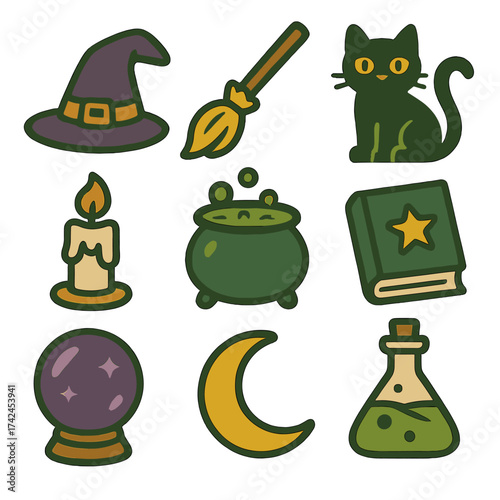 Cute witchy icons: hat, cat, broom, cauldron, spellbook, crystal ball, moon.