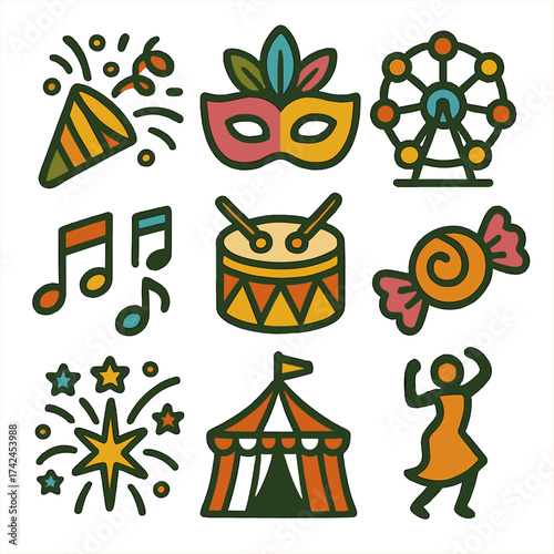 Colorful icons for carnival, festival, party, music, and amusement themes.
