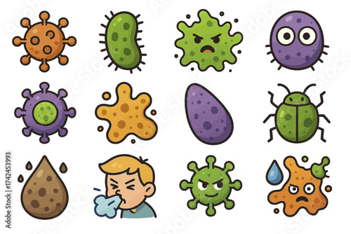 Colorful cartoon germs and virus characters with sick boy sneezing