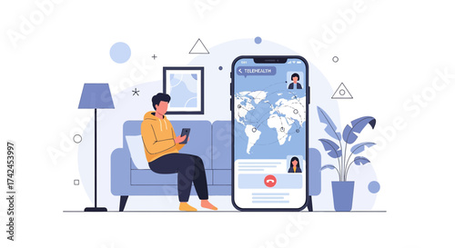 Digital Healthcare Revolution: A Man Engages in Telehealth Consultation at Home Using Mobile