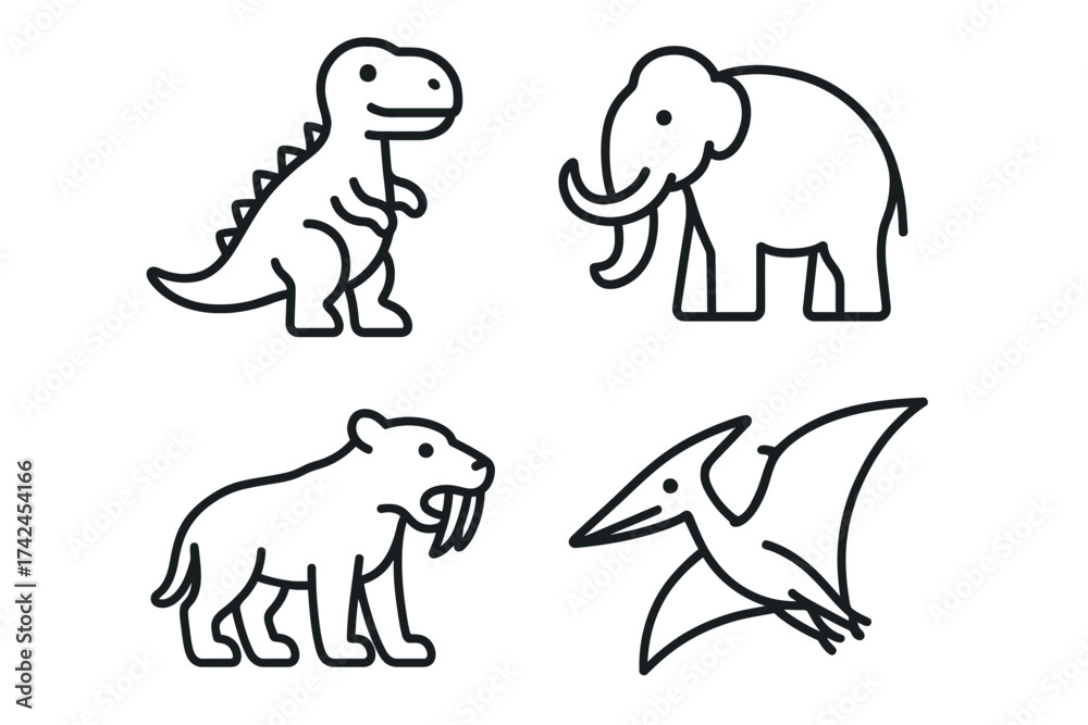 Obraz premium Line art of dinosaur, mammoth, saber-toothed tiger, and pterodactyl