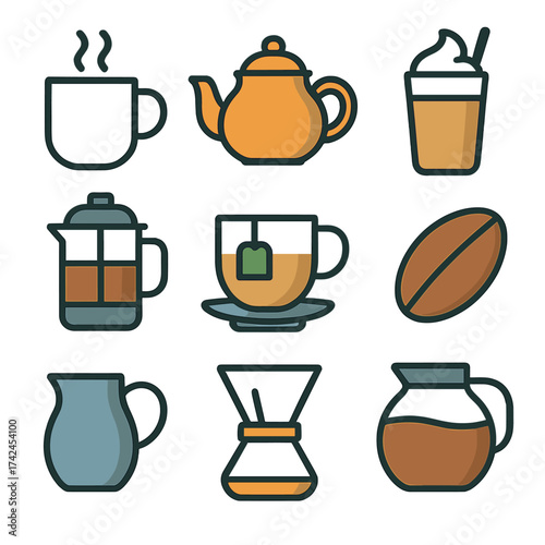 Modern flat icons of coffee, tea drinks, pots, and brewing equipment.