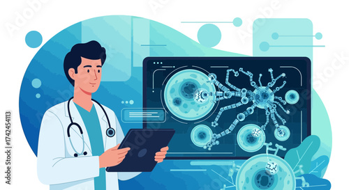 Doctor analyzing virtual disease models on tablet for innovative treatment methods and research