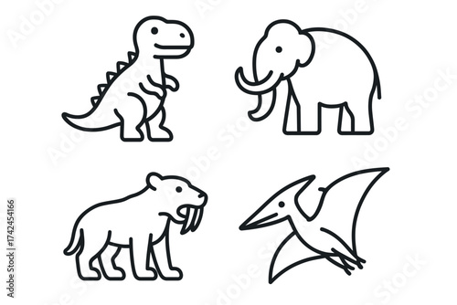 Line art of dinosaur, mammoth, saber-toothed tiger, and pterodactyl