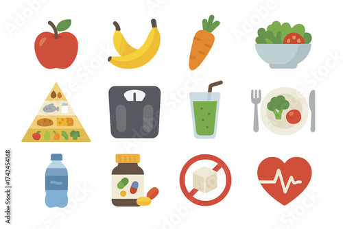 Healthy lifestyle icons: nutrition, exercise, and wellness symbols