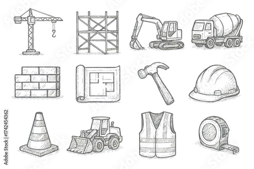 Hand-drawn construction elements: crane, excavator, cement truck, blueprint, tools