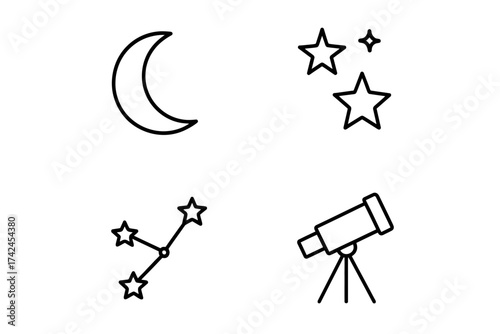 Minimalist astronomy icons: moon, stars, constellation, telescope