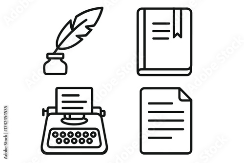 Vintage writing set and modern document symbols in minimalist icons