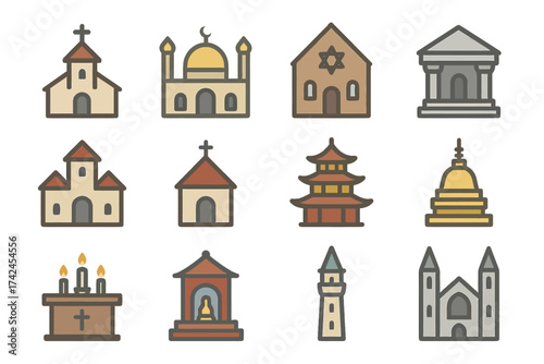 Colorful religious buildings: church, mosque, synagogue, temple icons set