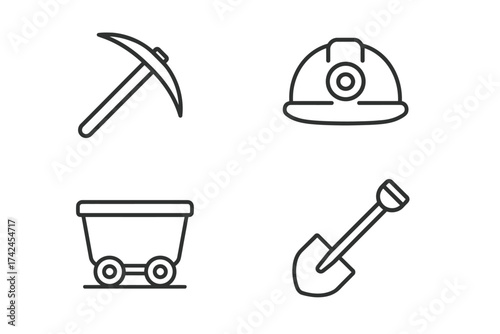 Mining equipment icons: pickaxe, helmet, cart, and shovel in minimalist line art