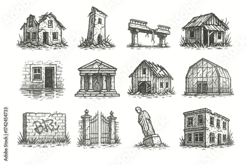 Hand-drawn abandoned buildings: diverse structures with decay and neglect